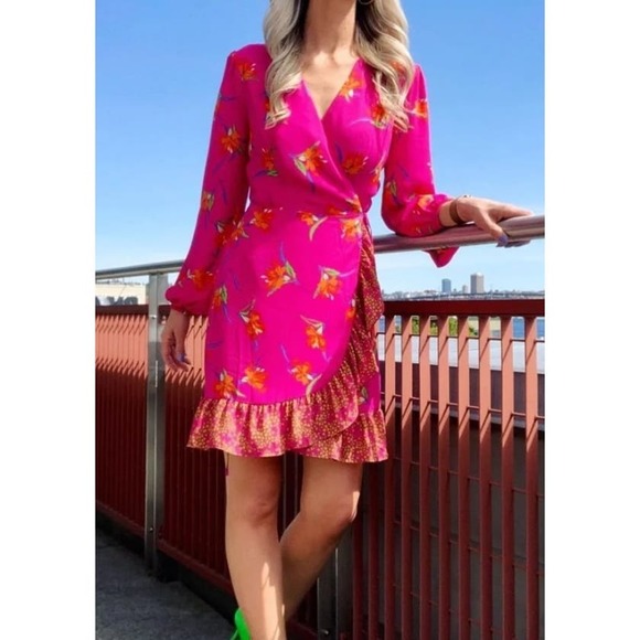 Charles Henry Blouson Sleeve Printed Wrap Dress size large - Picture 1 of 8